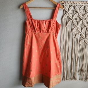 Maeve Coral Paisley Print Smocked Sundress Gold Metallic Boho Chic Sz 4